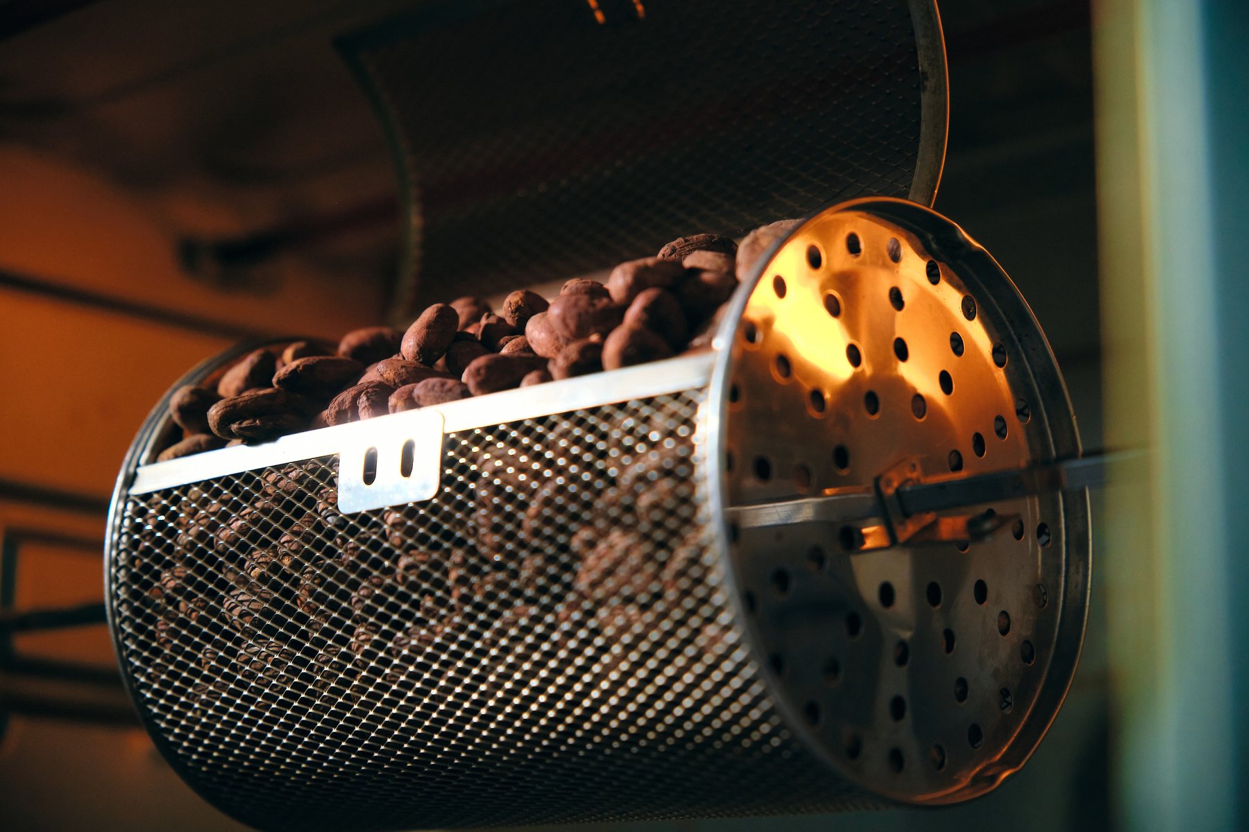 Cocoa beans in a roasting drum, small-batch roasted for Prafull's Chocolates